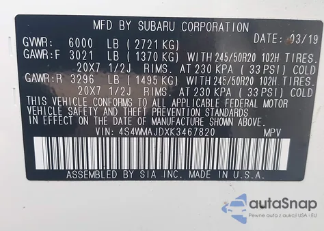 2019 Subaru Ascent Limited from USA, damaged, VIN 4S4WMAJDXK3467820